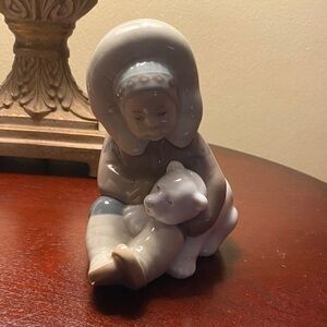 Lladro Porcelain Girl with Bear in Soft Gray and Cream